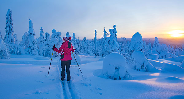 Woman cross country skiing in Lapland Finland at sunset